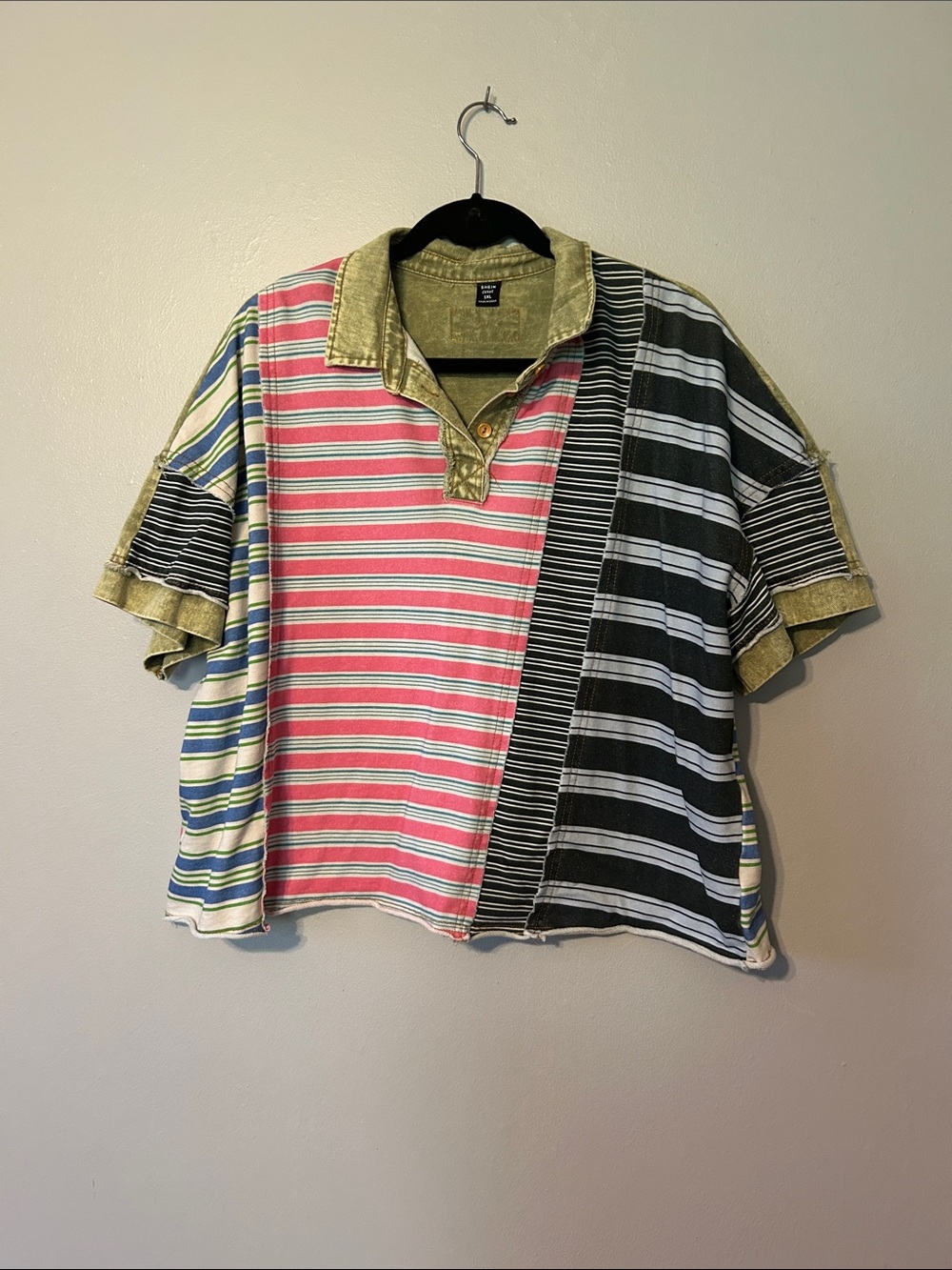 SHEIN Multi-Stripe Short Sleeve Polo in Pink, Black & Olive